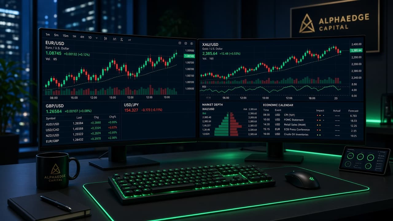 Professional MetaTrader 5 multi-monitor trading desk at Smart Trader Iraq
