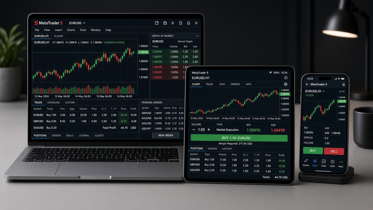 MetaTrader 5 desktop, tablet, and mobile trading platforms